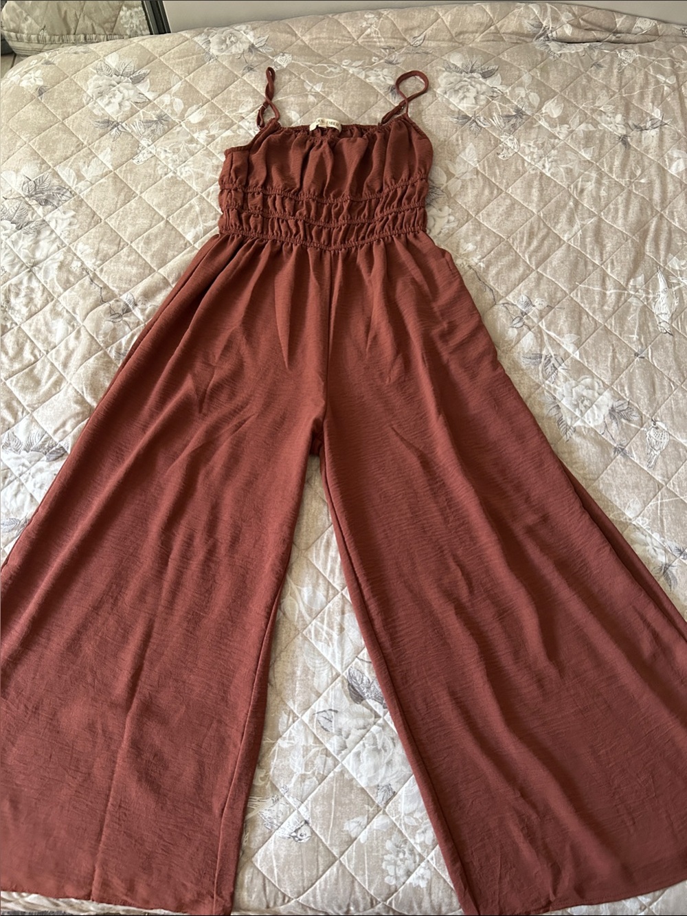 Forever 21 Rust Brown Wide-Leg Smocked Jumpsuit